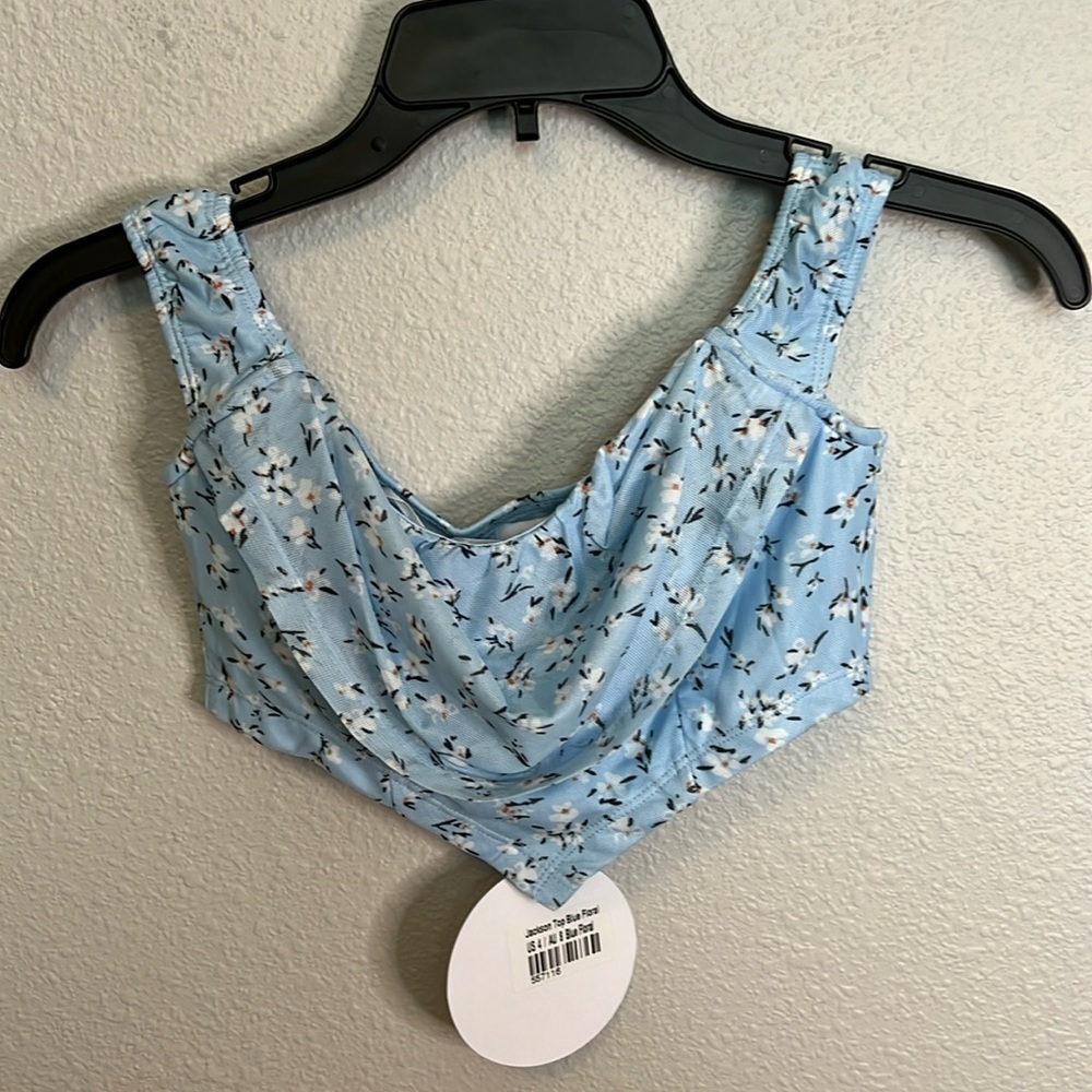 Princess Polly Jackson Cropped Top Blue Floral Size 4 NWT